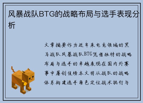 风暴战队BTG的战略布局与选手表现分析