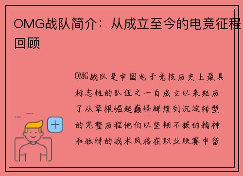 OMG战队简介：从成立至今的电竞征程回顾